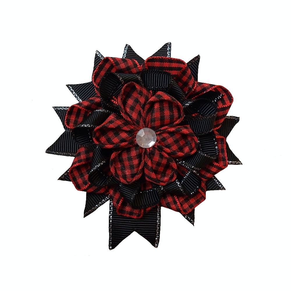 Red and Black Plaid Flower Hair Clip with Gem Accent